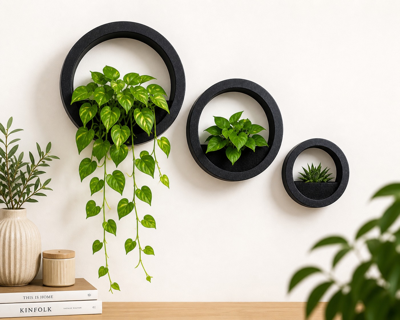 Three Orbis wall planters mounted on a cream wall styled with pothos, snake plant and aloe