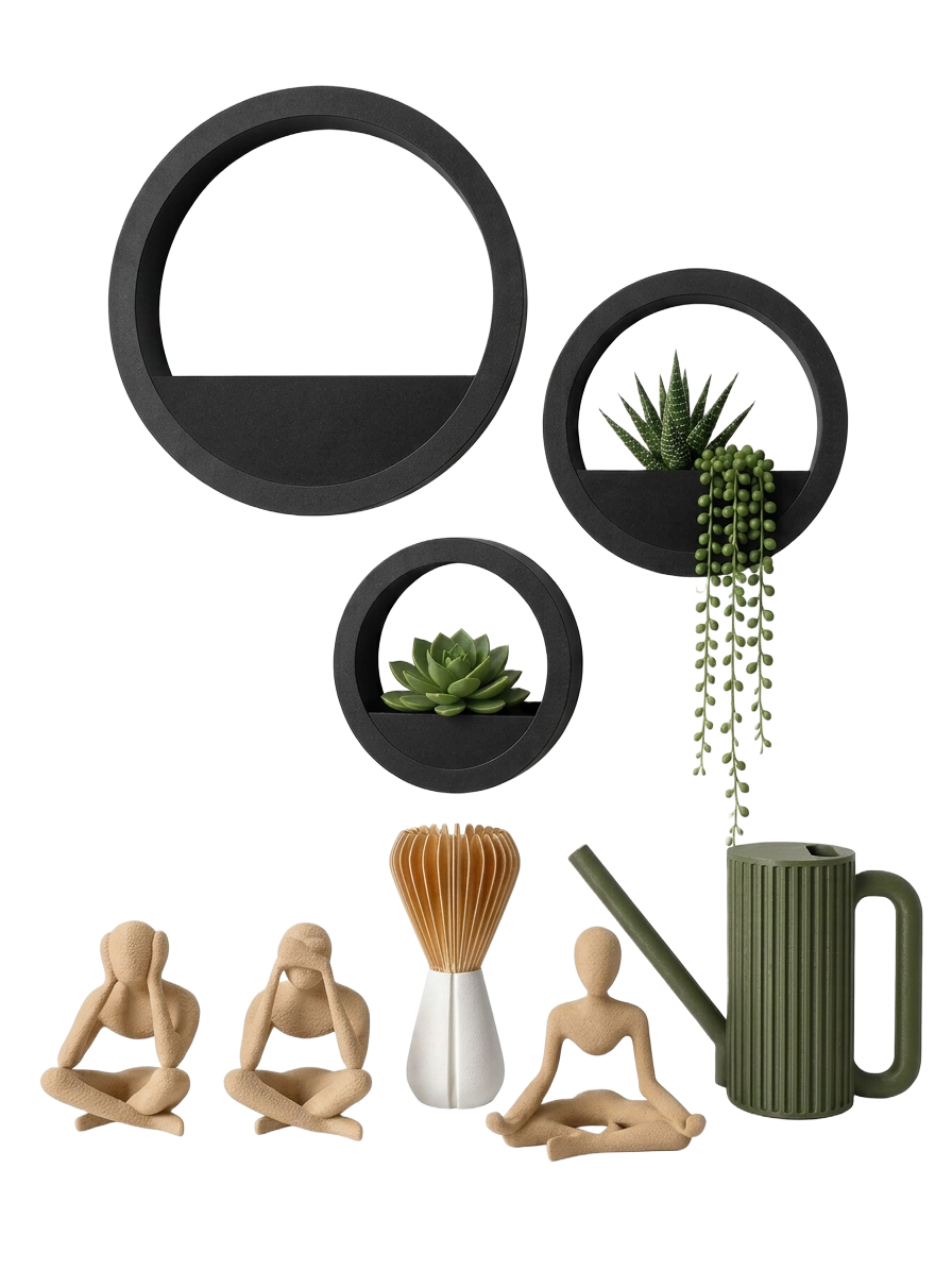 Teknospaceworld 3D printed home décor collection — Orbis wall planters, Sakumi lamp, watering can and See No Evil set