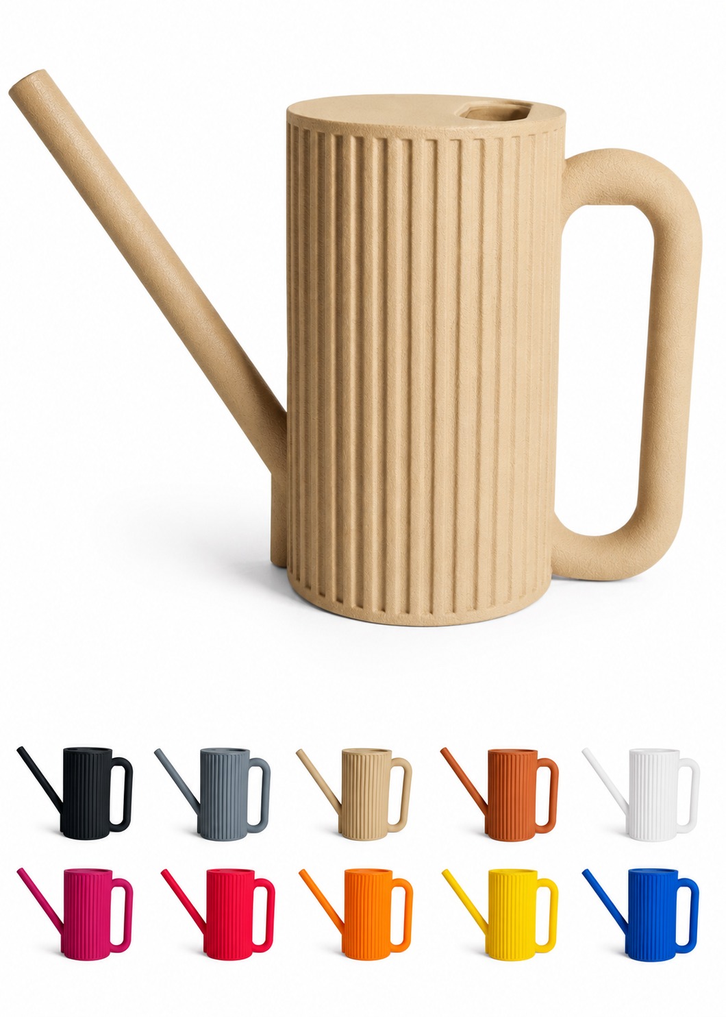 The Collecticraft watering can shown in ten colourways — black, slate, sand, terracotta, white, magenta, red, orange, yellow and cobalt