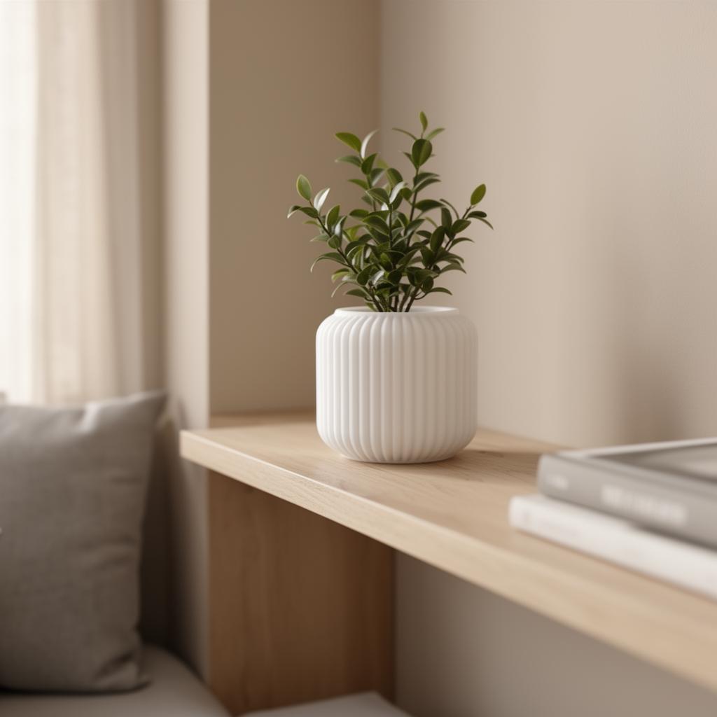 Minimalist 3D printed white ridged planter on a wooden shelf in a sunlit Scandinavian living room